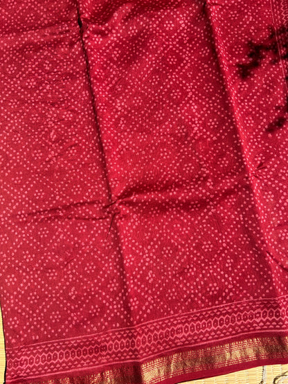 Red Maheshwari silk saree with geometric dots pattern