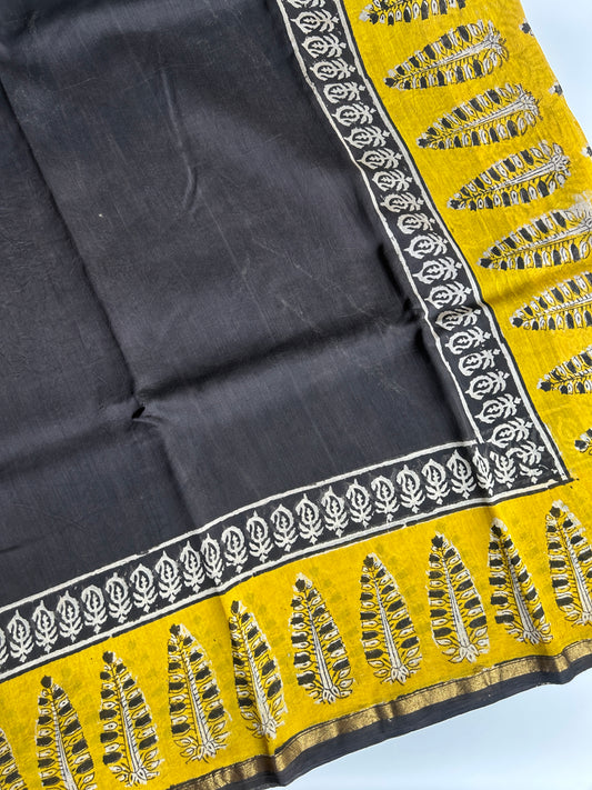 Black Chanderi silk saree with yellow floral border
