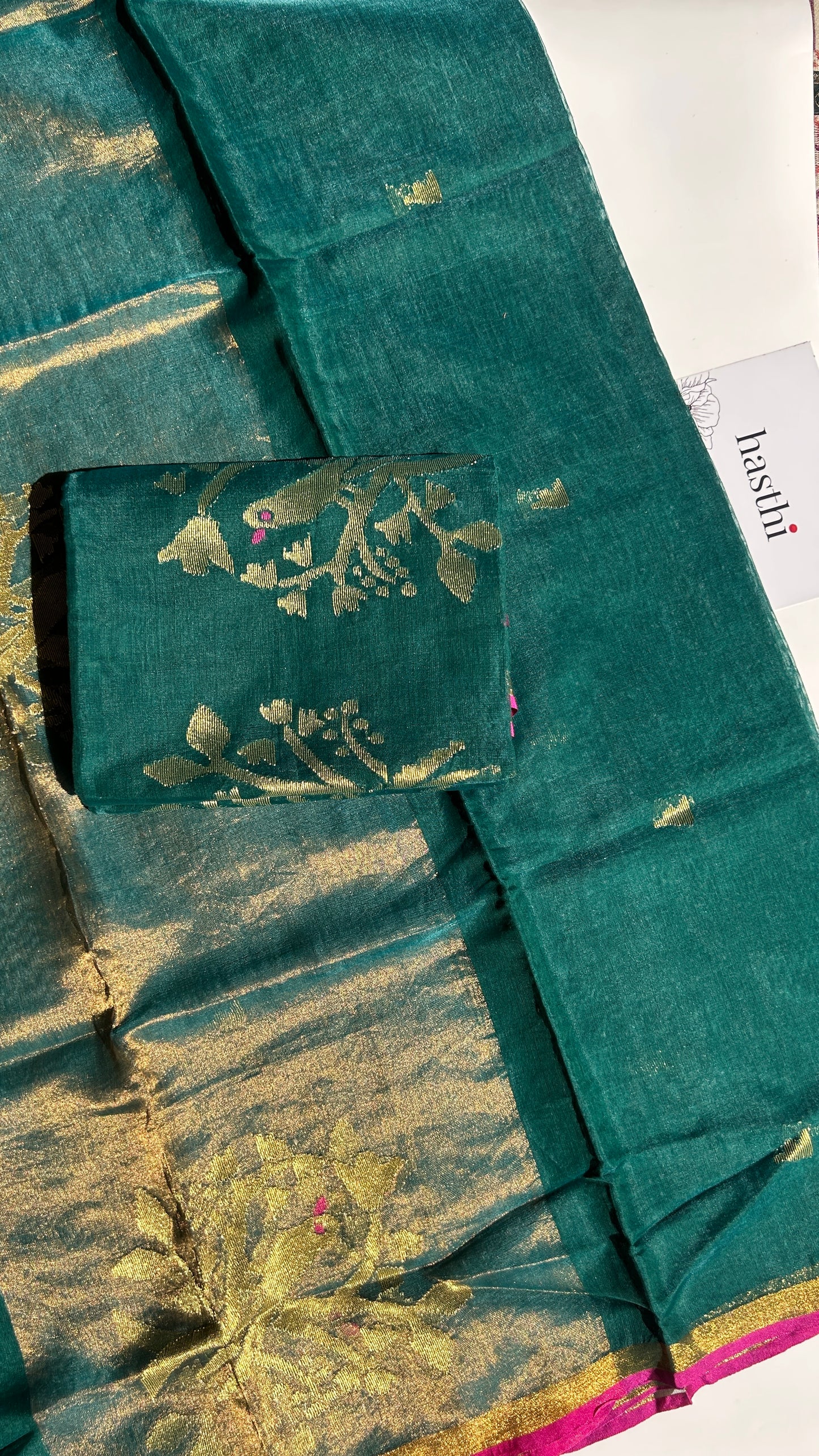 Bottle green paithani muslin jamdani 2pc set - unstitched