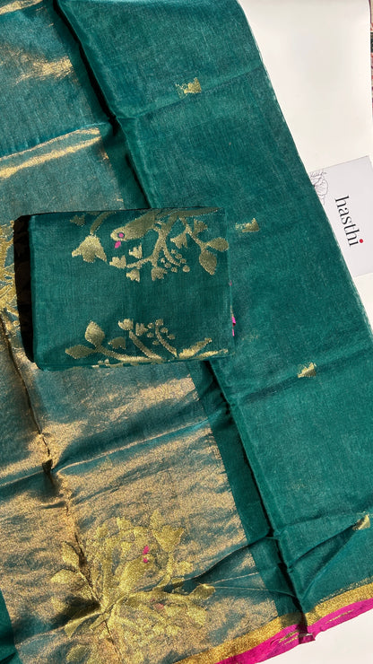 Bottle green paithani muslin jamdani 2pc set - unstitched