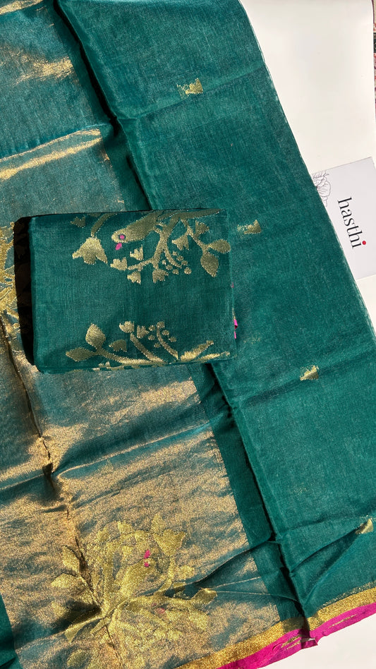 Bottle green paithani muslin jamdani 2pc set - unstitched