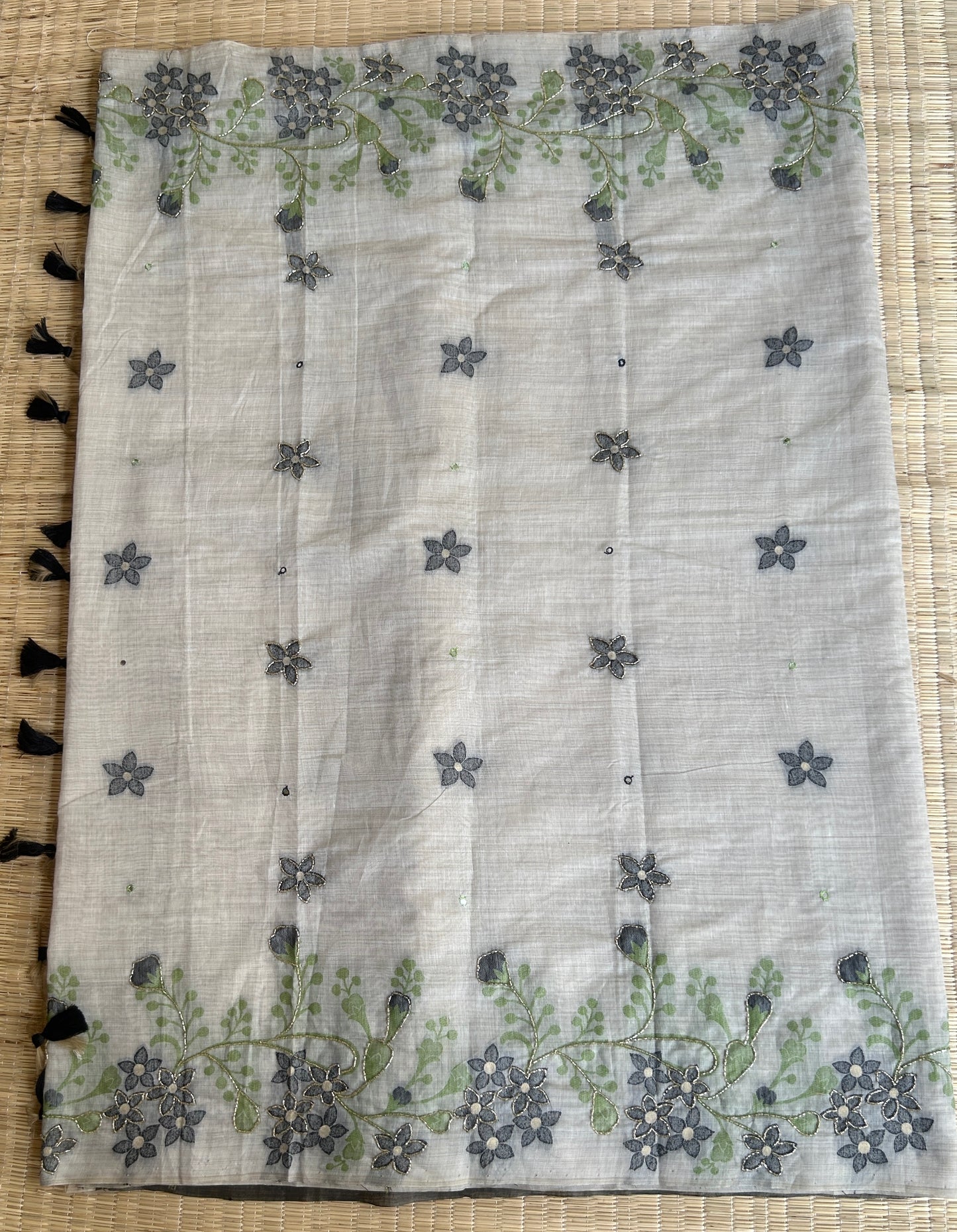 Pure linen chanderi saree with cutdana work & mirror work - hand embroidery - 1