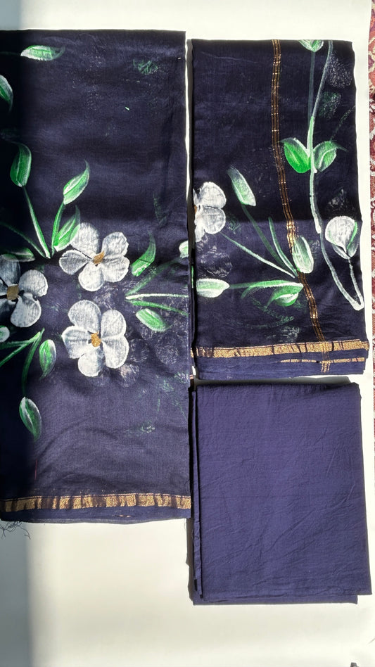 Dark Blue Chanderi silk suit set - unstitched