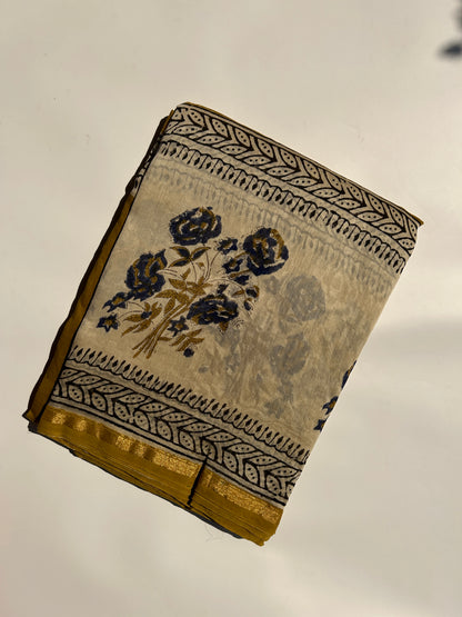 Methi yellow Chanderi silk saree with florals