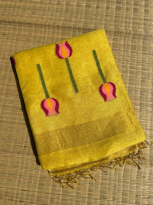 Yellow silk linen jamdani saree with lotus motifs