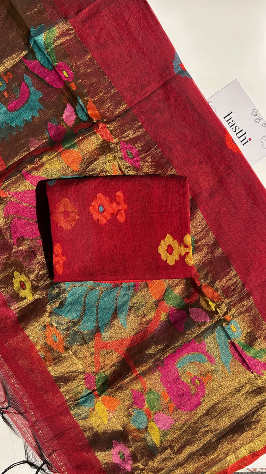 Maroon Red paithani muslin jamdani 2pc set - unstitched