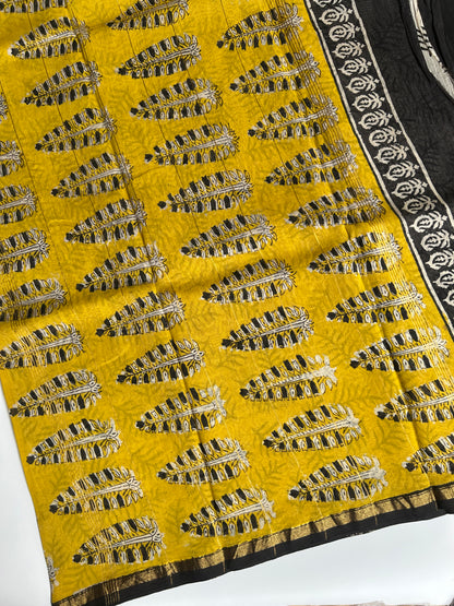 Black Chanderi silk saree with yellow floral border