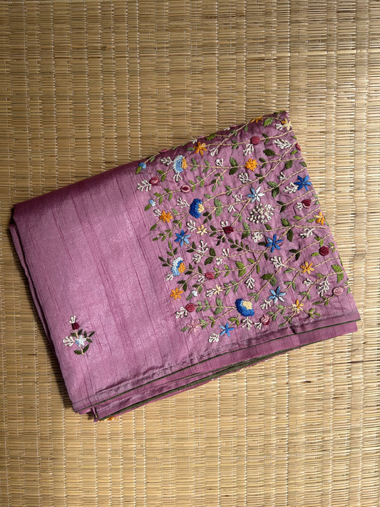 Onion Pink floral soft Tussar saree - hand embroidery