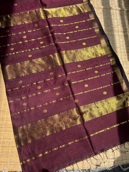 Brown Maheshwari handloom saree with flower motifs