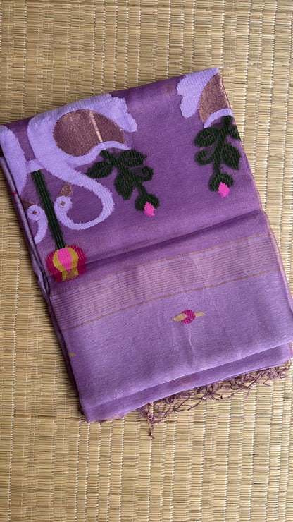Lavender silk linen jamdani saree with swan motifs - with handloom mark