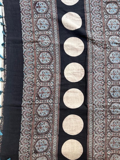 Natural dyed Black stripes Ajrakh mul cotton saree