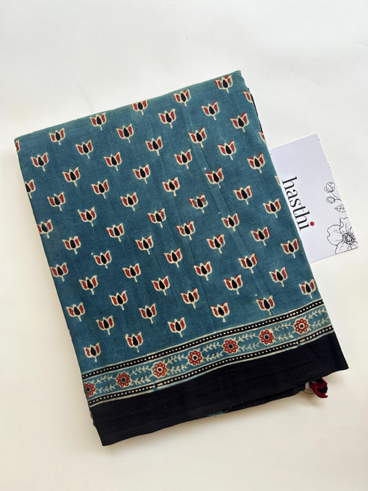 Natural dyed indigo Ajrakh mul cotton saree with lotus motifs