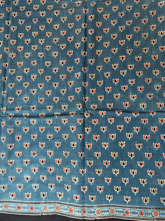 Natural dyed indigo Ajrakh mul cotton saree with lotus motifs