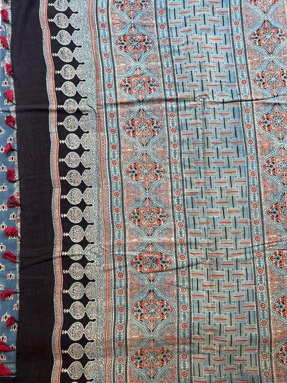 Natural dyed indigo Ajrakh cotton saree with lotus motifs