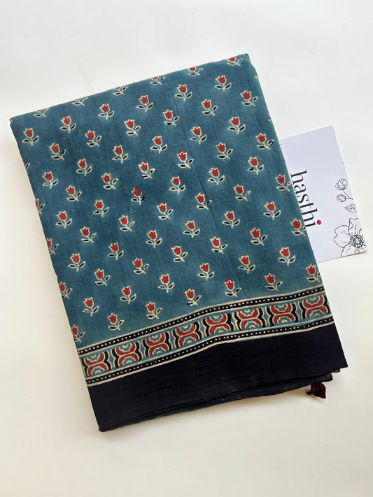 Natural dyed indigo Ajrakh mul cotton saree with rose motifs