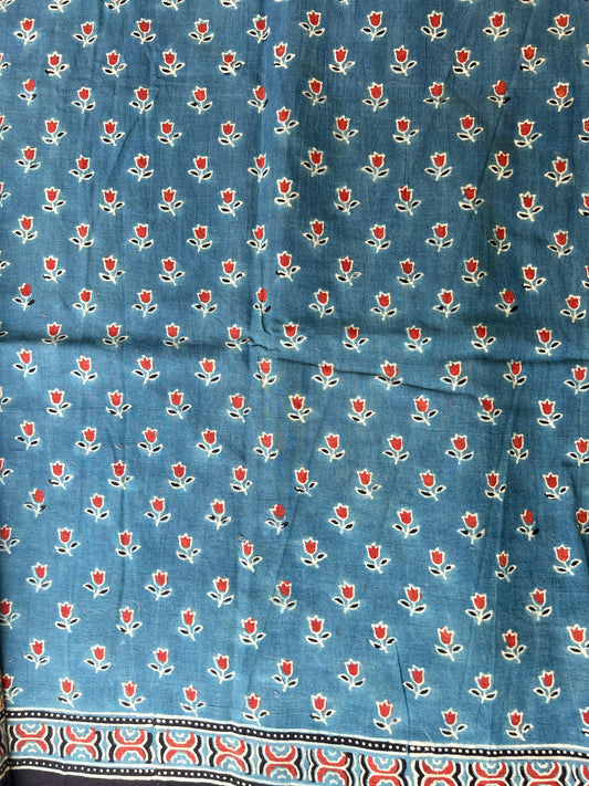 Natural dyed indigo Ajrakh mul cotton saree with rose motifs