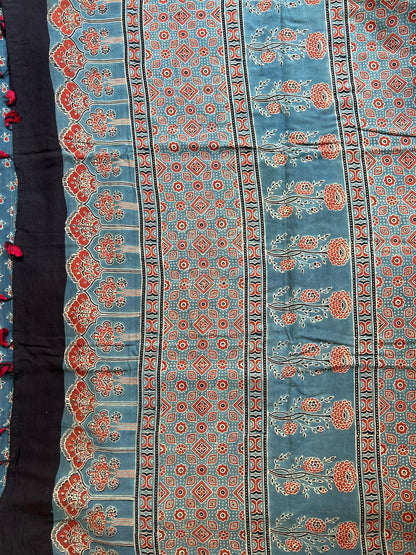 Natural dyed indigo Ajrakh mul cotton saree with rose motifs