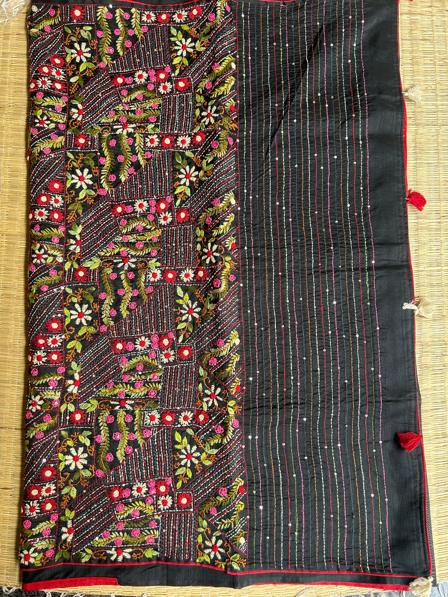 Black floral soft Tussar saree - hand embroidery