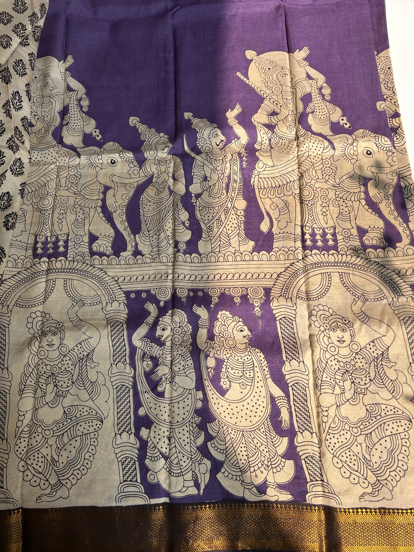 Purple chennur silk kalamkari saree with Nizam border