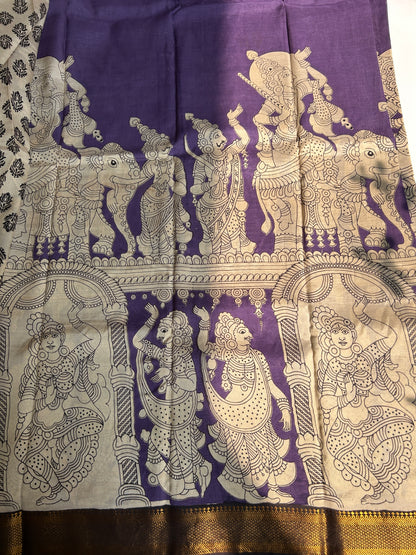 Purple chennur silk kalamkari saree with Nizam border