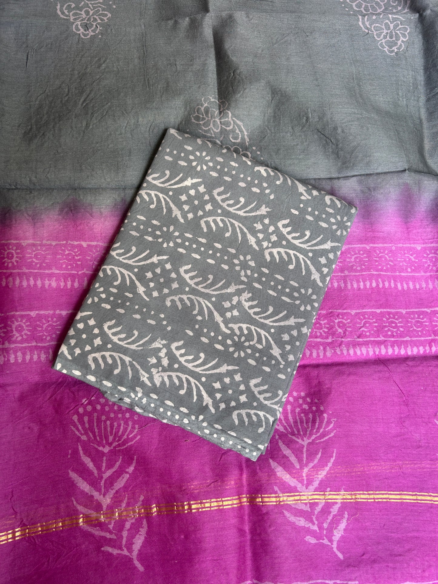 pink and grey Chanderi silk suit set - unstitched