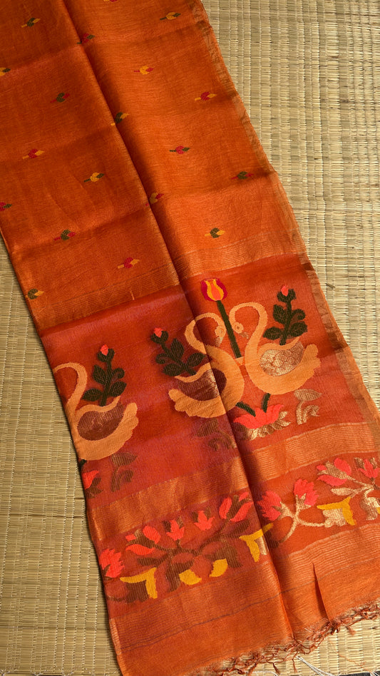 Orange silk linen jamdani saree with swan motifs - with handloom mark