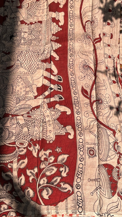 Beige floral kalamkari pure cotton saree-1
