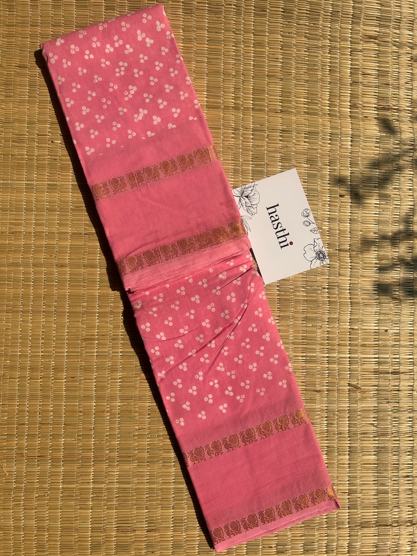 Baby pink 120 count wax sungudi cotton saree (three dot)