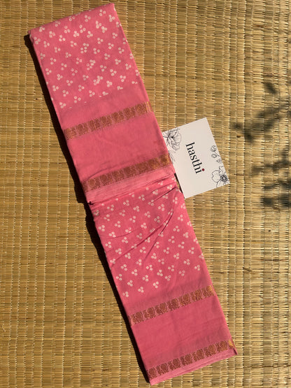 Baby pink 120 count wax sungudi cotton saree (three dot)