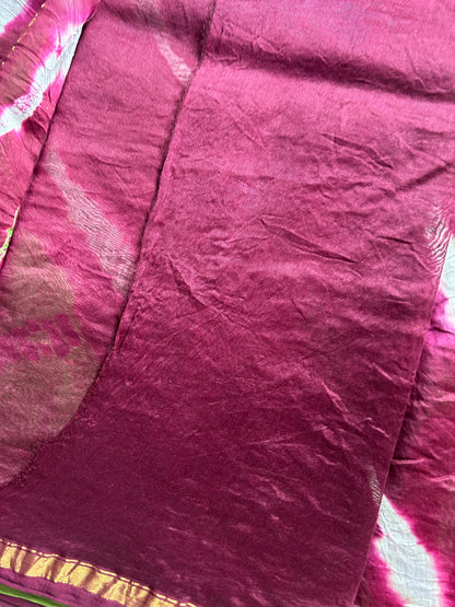 Green & beetroot pink shibori Chanderi silk saree