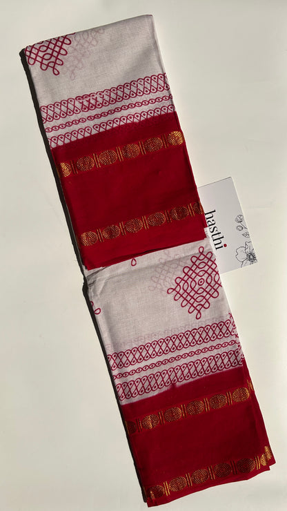 White & red Madurai sungudi cotton saree with kolam motif