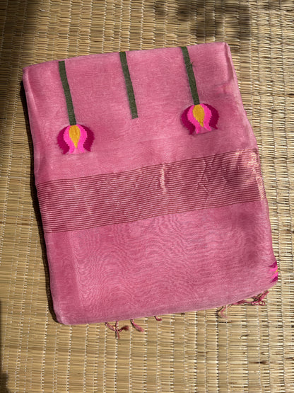 Baby pink silk linen jamdani saree with lotus motifs - with handloom mark