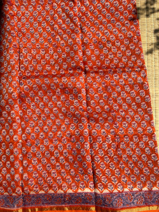 Orange Chanderi silk saree with small florals