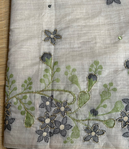 Pure linen chanderi saree with cutdana work & mirror work - hand embroidery - 1