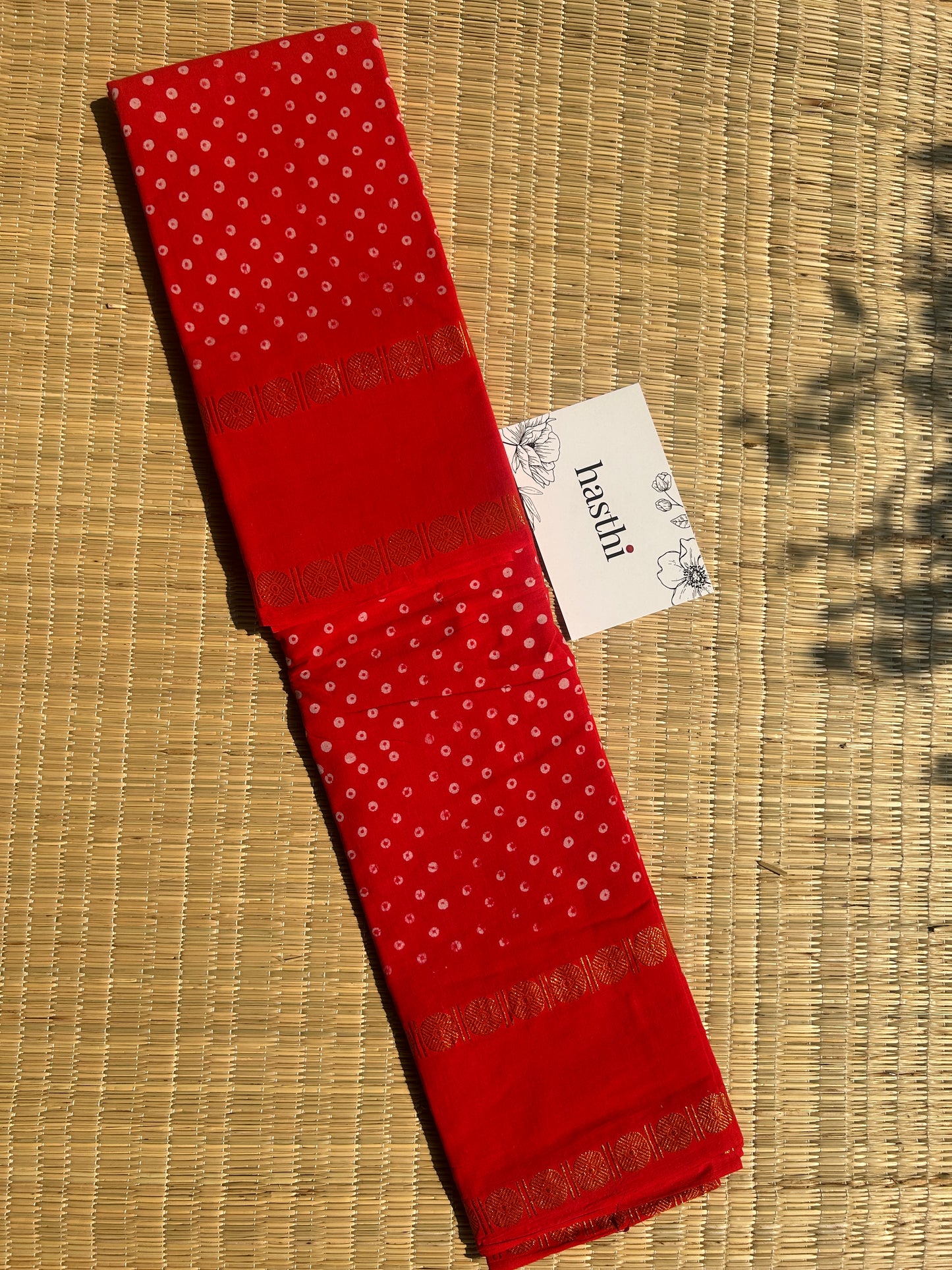 Orange red 120 count wax sungudi cotton saree (single dot)
