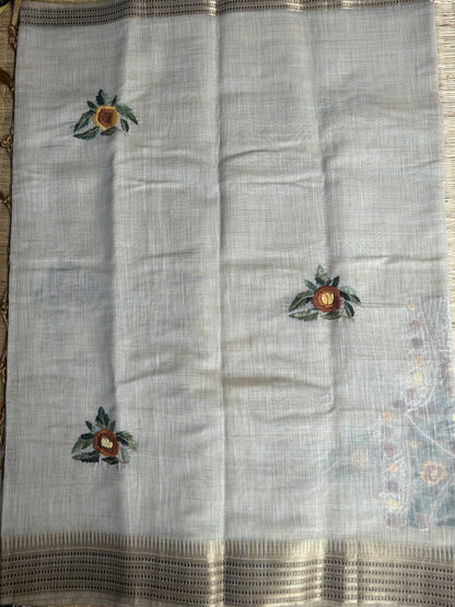 Pure linen chanderi saree with mirror work blouse - hand embroidery - 3