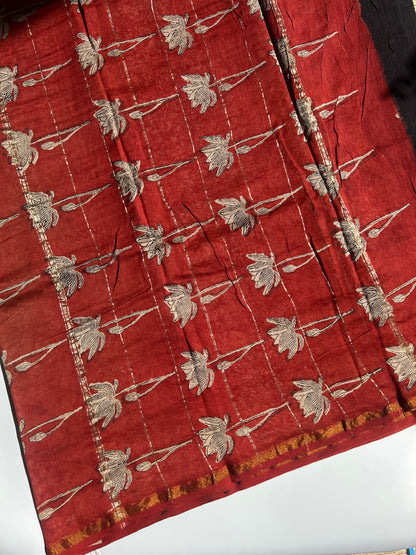 Black Chanderi silk saree with red floral border