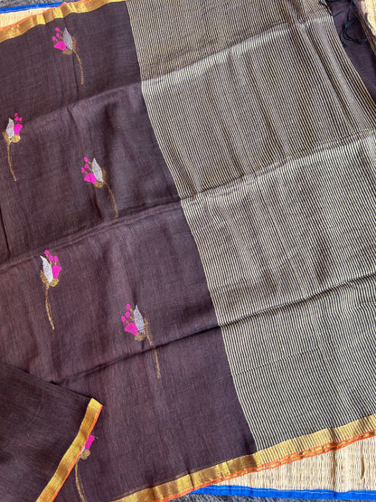 Dark chocolate Brown linen jamdani saree with floral motifs and golden border