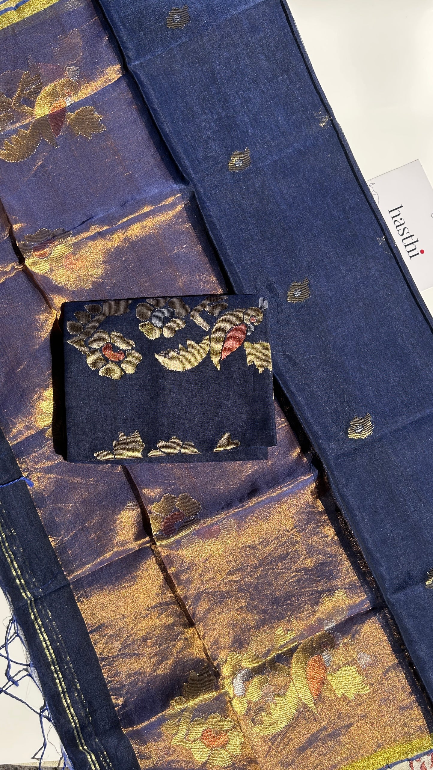 Navy Blue paithani muslin jamdani 2pc set - unstitched