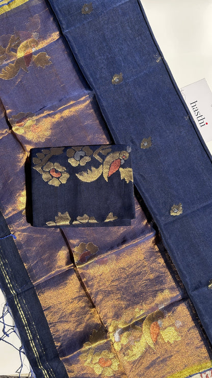 Navy Blue paithani muslin jamdani 2pc set - unstitched