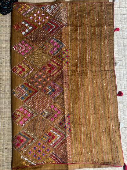 Methi Yellow floral soft Tussar saree - hand embroidery