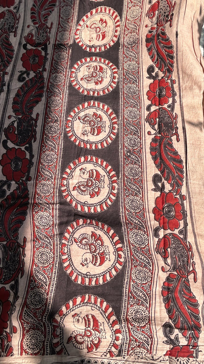 Red floral kalamkari pure cotton saree
