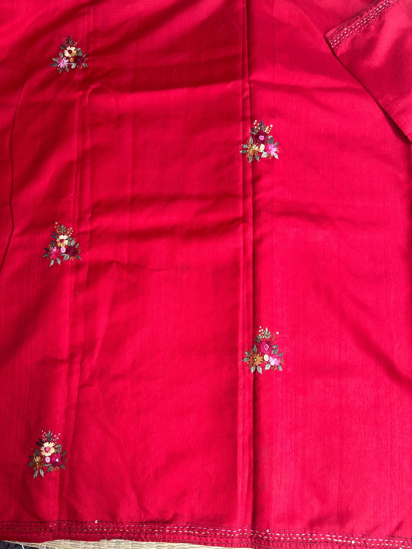 Red floral soft Tussar saree - hand embroidery