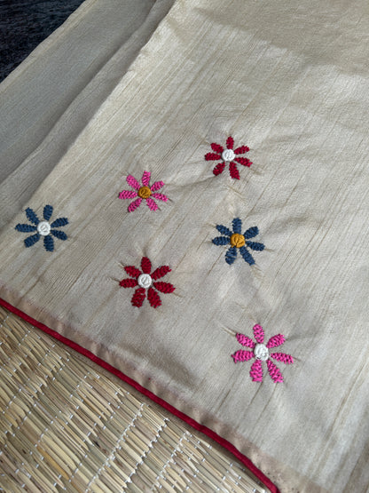 Beige Cream floral soft Tussar saree - hand embroidery
