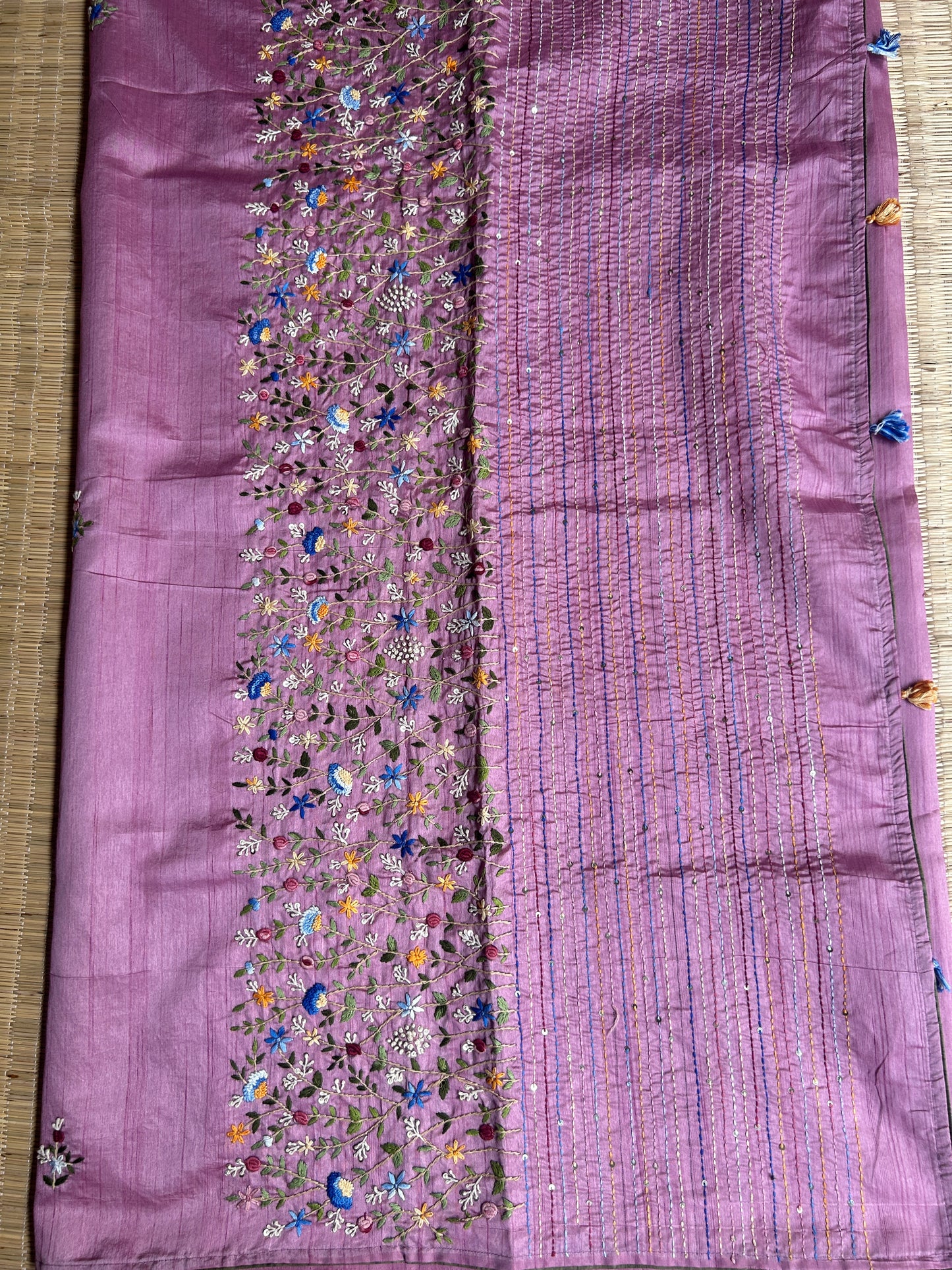 Onion Pink floral soft Tussar saree - hand embroidery