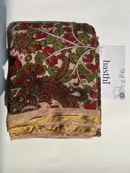 Green and red floral kalamkari kota cotton saree