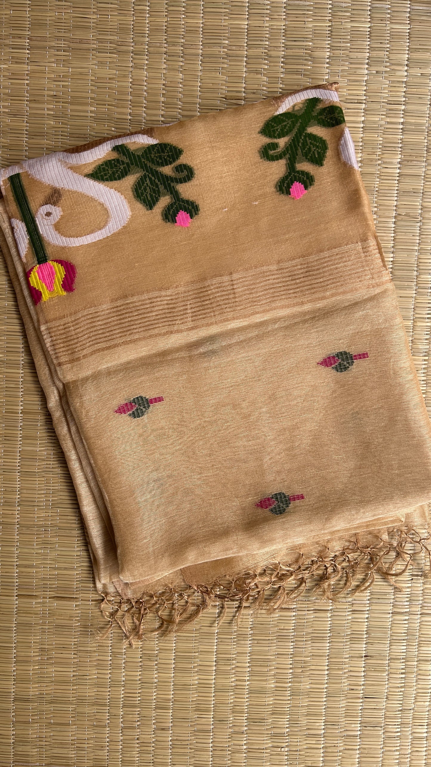Biscuit cream silk linen jamdani saree with swan motifs - with handloom mark