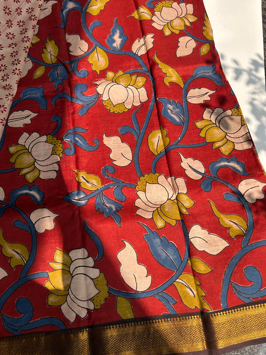 Red lotus chennur silk kalamkari saree with Nizam border