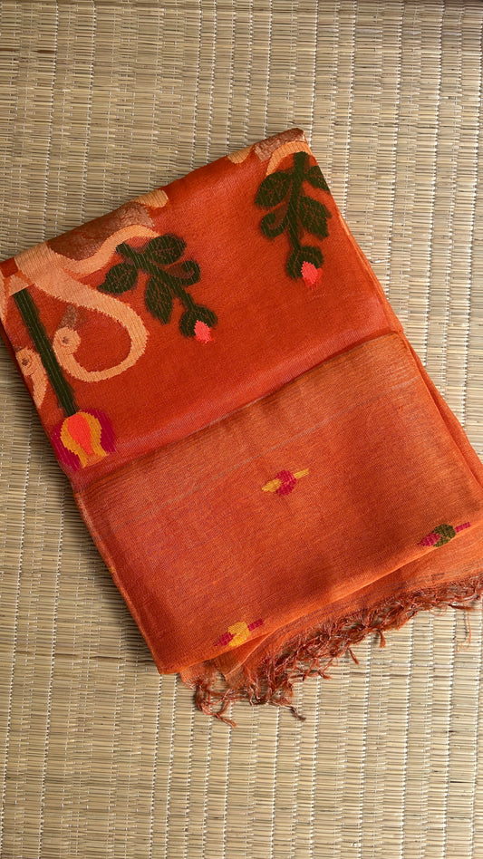 Orange silk linen jamdani saree with swan motifs - with handloom mark