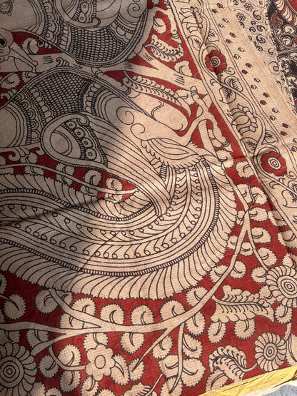 Black and red floral kalamkari kota cotton saree